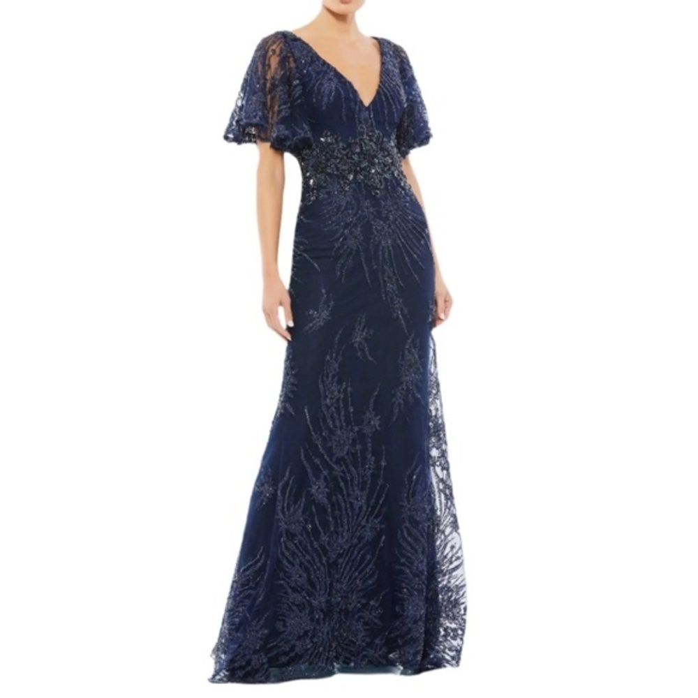Mac Duggal Navy Embellished Evening Gown